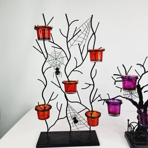 Lot of 2 Halloween Glass Votive Candle Holders Bats Spiders Metal Tree Spooky - Picture 10 of 13